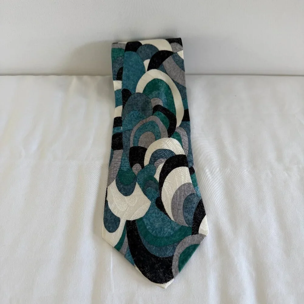 Vintage Valentino Pietro 100% Silk Abstract Print Turquoise Gray Black Tie